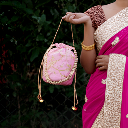 Handmade Pink Cotton Potli Bag with Beadwork and Gold Embroidery